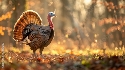 A turkey is standing confidently in the midst of a dense forest, surrounded by tall trees and lush foliage. The bird appears alert and observant, blending seamlessly with its natural habitat.