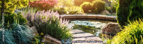 A garden featuring a pond surrounded by various plants and rocks. The pond reflects the greenery and rocks, creating a harmonious natural display. photo