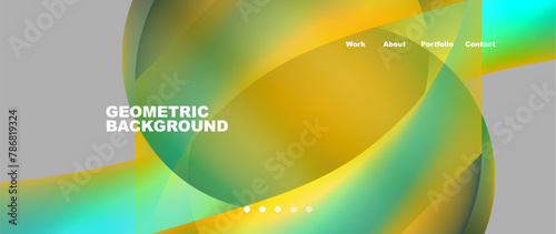 A design featuring a geometric background with a swirling pattern in yellow and green hues inspired by plant life and nature, resembling a circle or petal shape