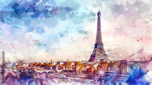 A detailed watercolor painting depicting the iconic Eiffel Tower in Paris, showcasing its intricate iron lattice structure against a backdrop of a clear sky. © vadosloginov