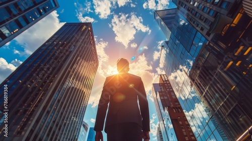 Young businessman walking next to glass ofiice along from behind at sunset photo