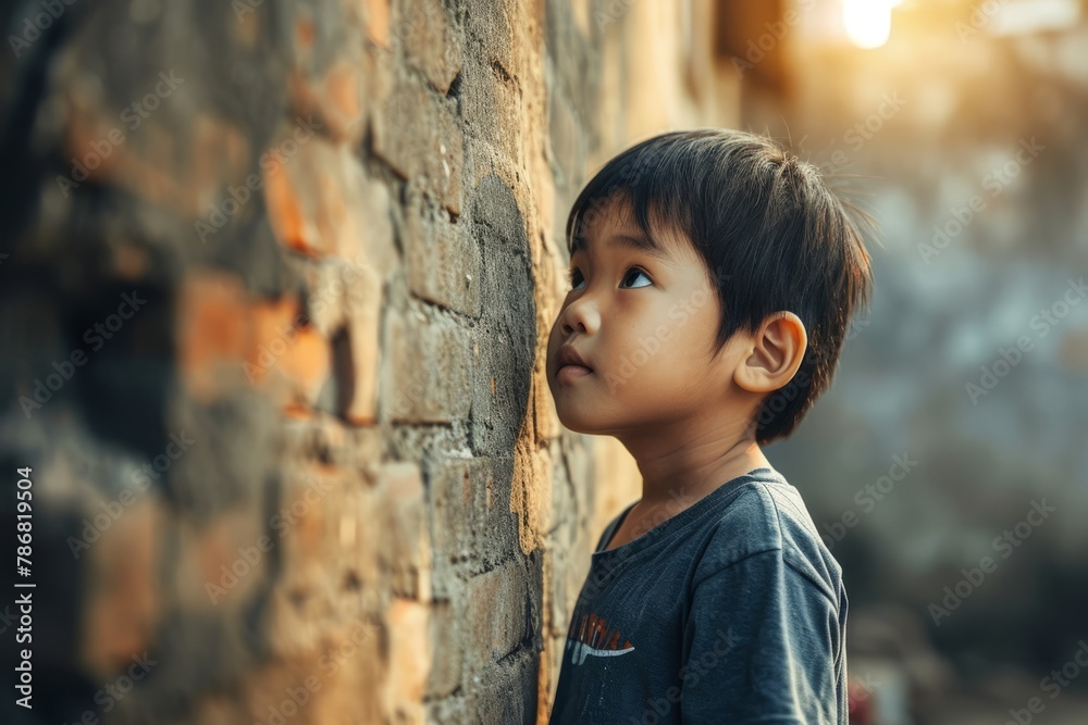 Portrait of asian boy looking up at brick wall background. Portrait of asian boy looking up at brick wall background.
