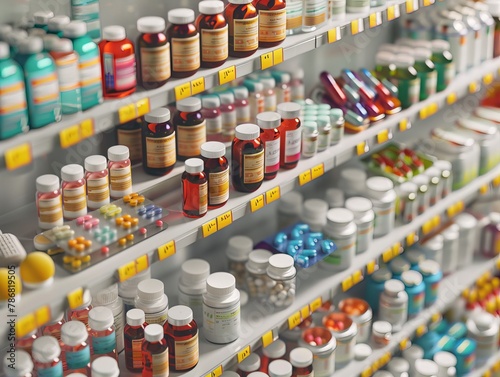 Explore the pharmacy concept with this 3D collection featuring pills, supplements, capsules, and other medications in bottles and blisters. photo