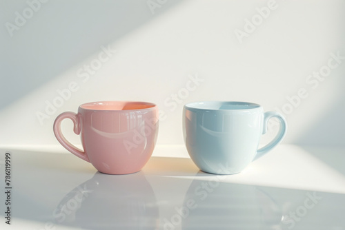 Two Pastel-Colored Mugs in Soft Pink and Blue Tones with Gentle Light and Shadow Play