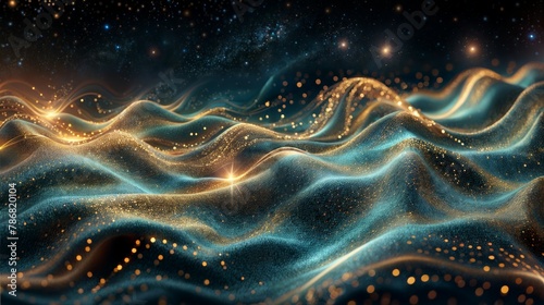A painting depicting dynamic waves crashing under a starry sky, creating a harmonious contrast between earth and space