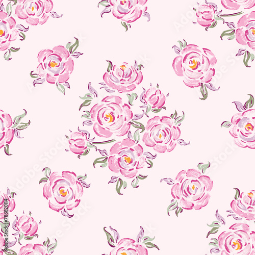 Seamless Vector Pattern of Pink Roses. Rose Flower. Flowers and Leaves. Vintage Floral Background.