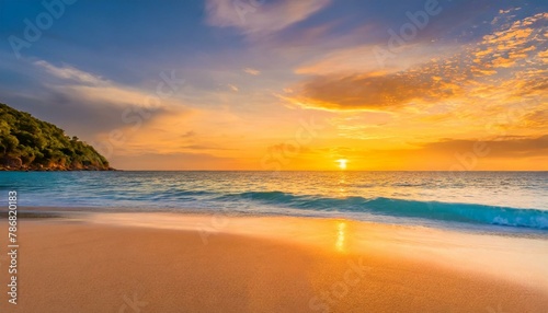 Closeup sea sand beach. Panoramic beach landscape. Inspire tropical beach seascape horizon. Orange and golden sunset sky calmness tranquil relaxing sunlight summer mood. Vacation travel holiday banner © grayishkappa
