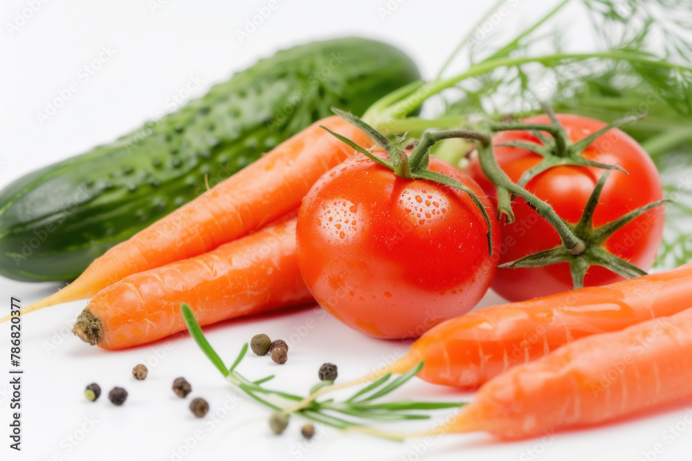 Fresh Organic Vegetables with Tomatoes, Carrots, Cucumbers, and Dill on White