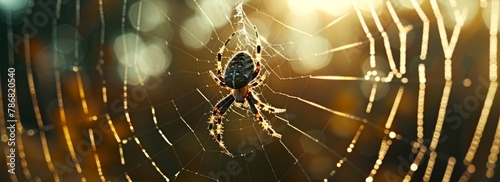 A close-up view of a spider perched on its web, showing intricate details of the arachnid and its surroundings. photo