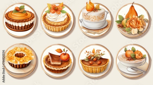 Generative AI Detailed miniature illustrations of Thanksgiving desserts like pumpkin pie and apple tart, presented in a feminine sticker art style with white and bronze color palettes. photo