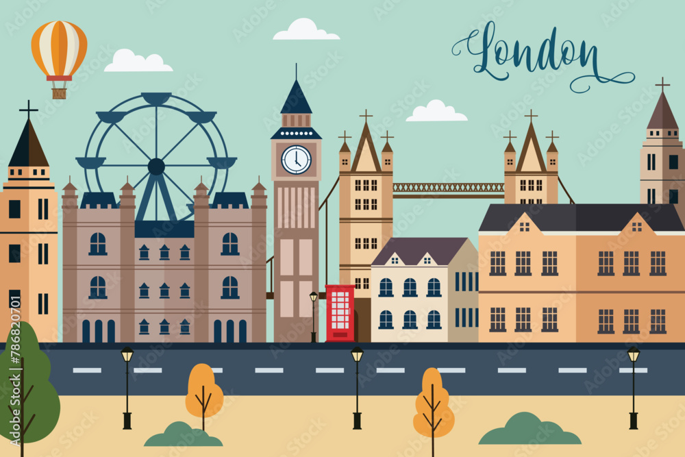 London skyline concept flat vector illustration,Travel to London concept with skyline and famous buildings landmark