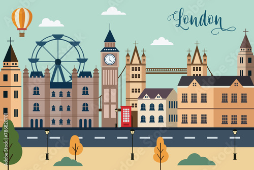 London skyline concept flat vector illustration,Travel to London concept with skyline and famous buildings landmark