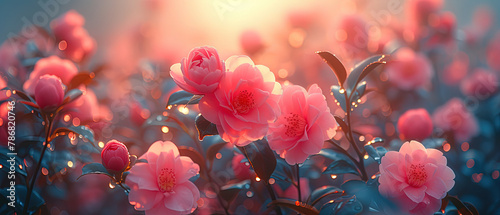 a many pink flowers that are blooming in the sun photo