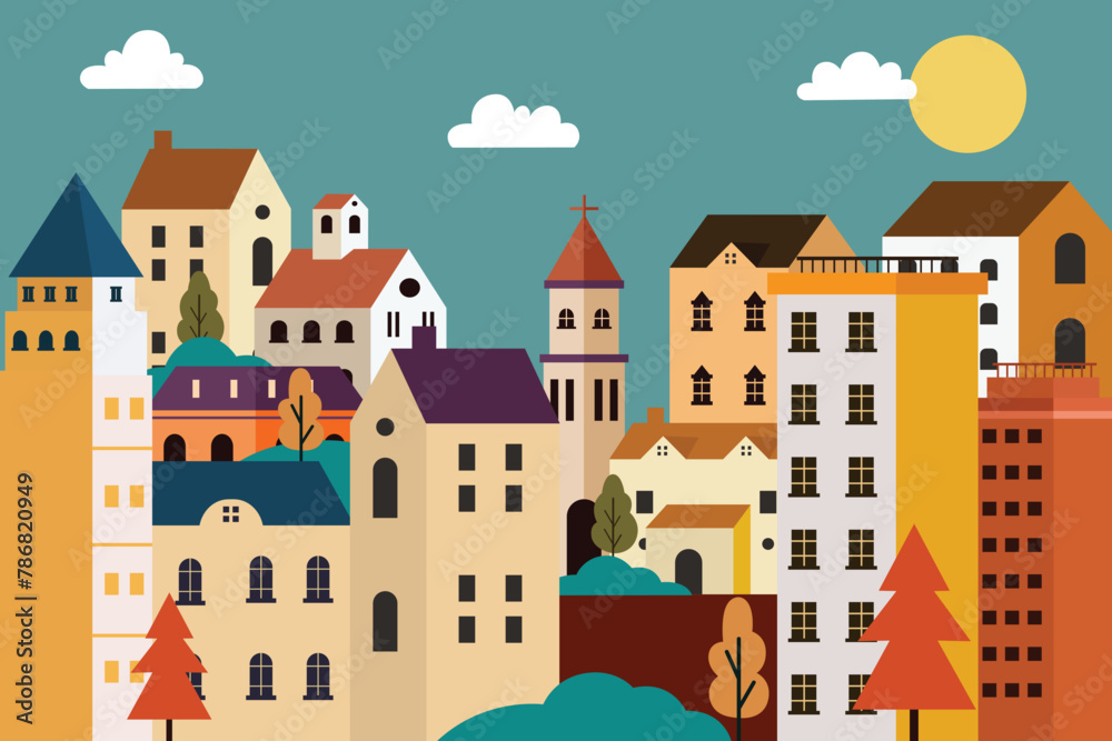 Obraz premium Urban landscape in a geometric minimal flat style, Flat design urban landscape illustration