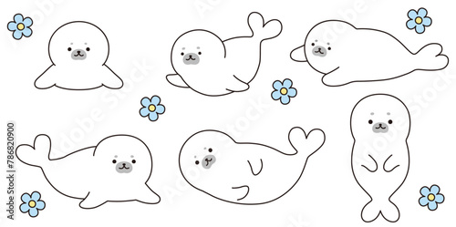 アザラシの赤ちゃんのベクターイラストセット。アイコン、動物、海、南極、水族館