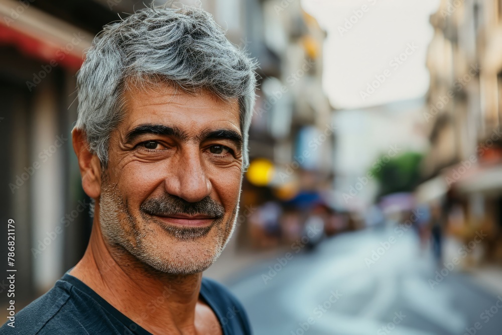 Portrait of a smiling middle-aged man with gray hair and beard on the street.