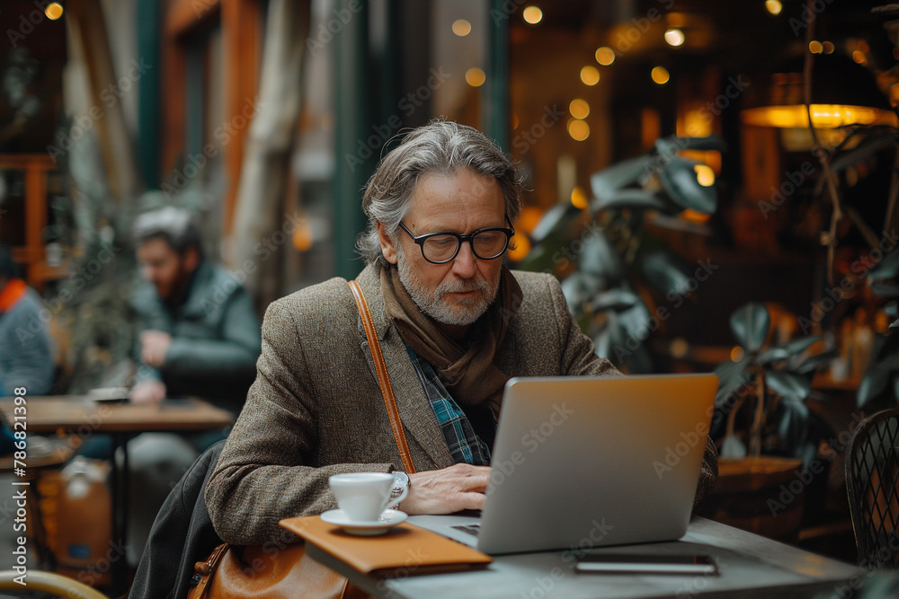 Senior Businessman Working on Laptop in Coffee Shop