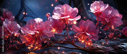 flowers with red lights in the dark and a dark background photo