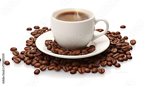 Cup of coffee and beans isolated on white background