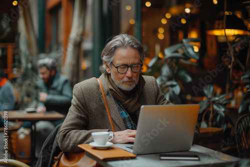 Senior Businessman Working on Laptop in Coffee Shop © Angela
