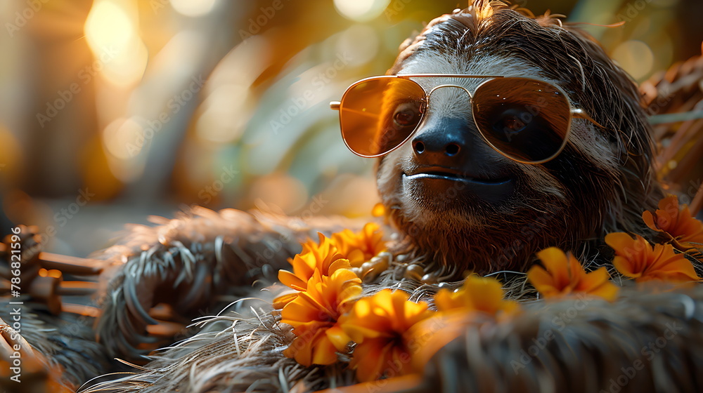 Obraz premium A sloth wearing sunglasses and a garland of tropical flowers rests in a hanging hammock. Hawaii summer holiday concept. Lazy sunny day.