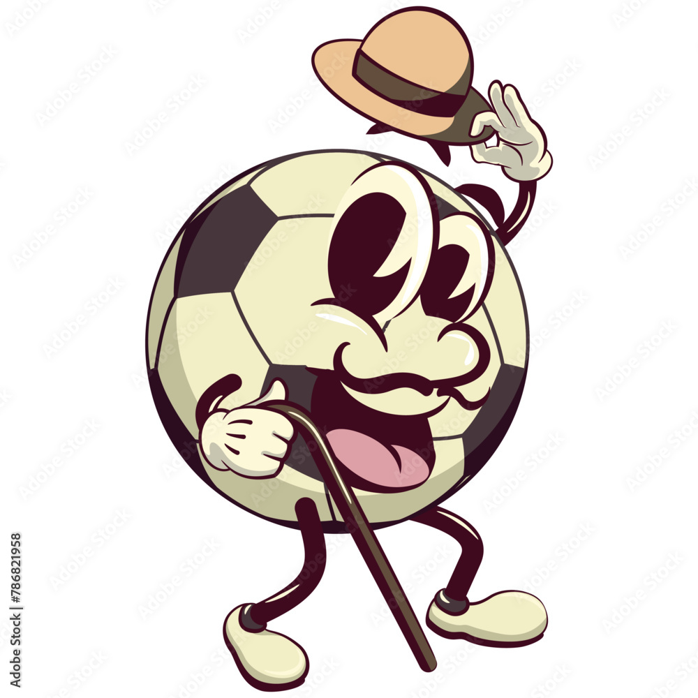 Obraz premium football soccer ball cartoon vector isolated clip art illustration mascot carrying a stick and saluting with raised hat, vector work of hand drawn