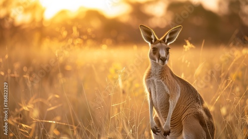 A kangaroo is standing in a field filled with tall grass, surrounded by the vast Australian outback. The kangaroo appears to be grazing peacefully under the clear blue sky.