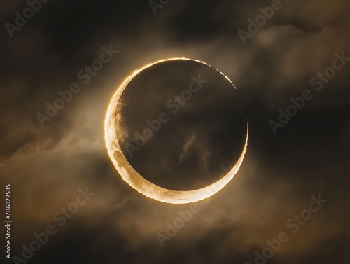 A stunning photograph of a solar eclipse taking place during the afternoon sky. The sun is mostly obscured by the moon.