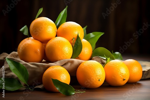 Ripe tangerines with green leaves on a table