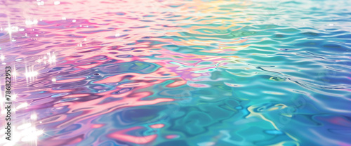 The tranquil surface of the water glistens under the gentle sunlight, displaying a mesmerizing array of rainbow colors. 