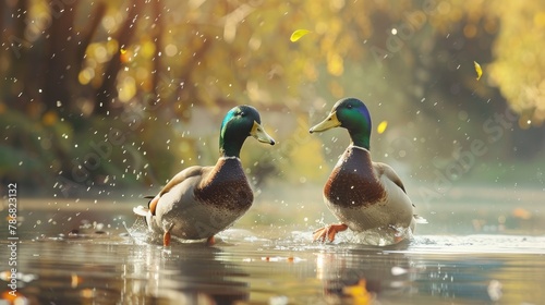 Two male mallard ducks are in pursuit in the pond