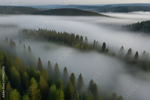 Aerial view of Cupressus Lake with low clouds and fog, Sukko village, Krasnodar Krai province, Russia. Generative AI