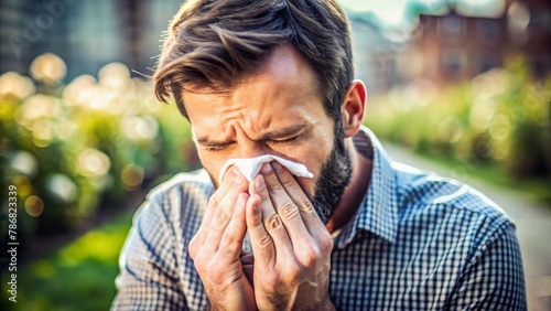 Exhibiting Allergy Symptoms: Individual Sneeze and Eye Rubbing photo