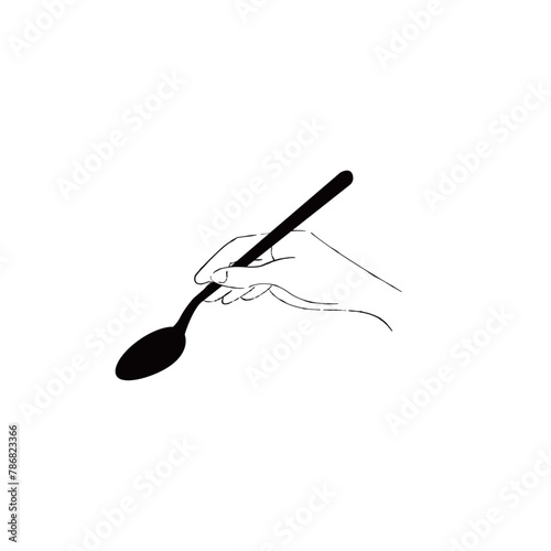 スプーンを持つ手のイラスト　モノクロ　手書き風線画