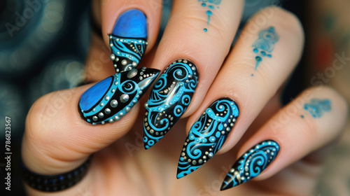 Create a whimsical Henna design incorporating paisley elements and isolated blue nails.