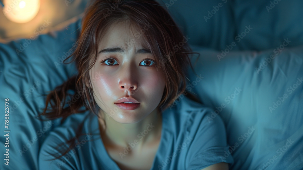 asian woman sitting in bed eyes closed, looking upset, dimly lit,generative ai asian woman sitting in bed eyes closed, looking upset, dimly lit,generative ai