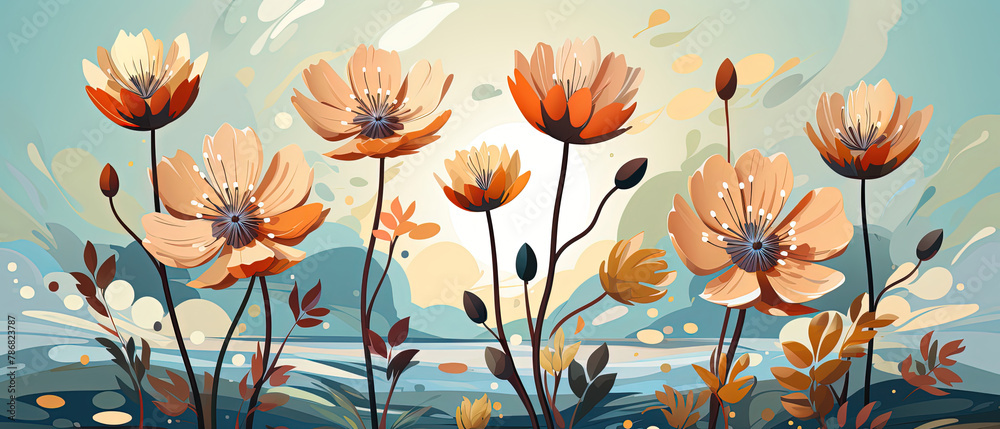 a many flowers that are in the grass by the water