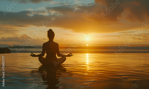 Yoga at Sunset on the Beach  Woman Performing Asanas