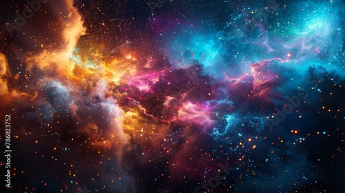 Picture an explosion of multicolored particles in a 3D void, each dot connecting to form intricate patterns that suggest the complexity and beauty of the cosmos.