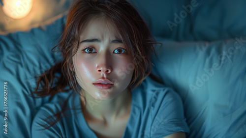asian woman sitting in bed eyes closed, looking upset, dimly lit,generative ai