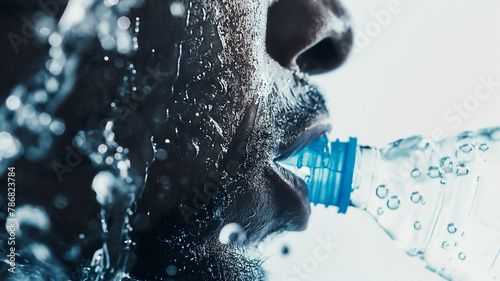 Person drinking water from a bottle, close-up on mouth and water splashing, refreshing hydration.