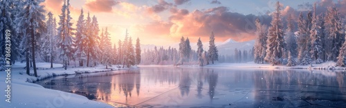 A snowy landscape with a lake and trees. The sky is pink and the sun is setting © vadosloginov