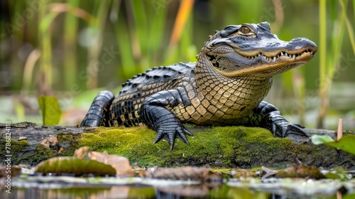 A baby alligator is laying on a log in a pond. The scene is peaceful and serene  with the alligator looking out over the water