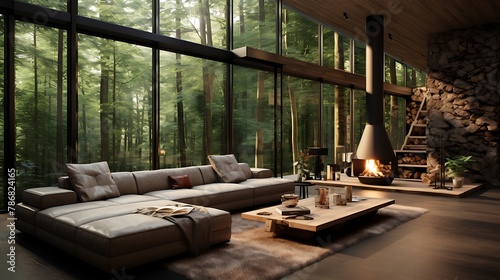 Modern home living room with beautiful forest view. Contemporary interior design 