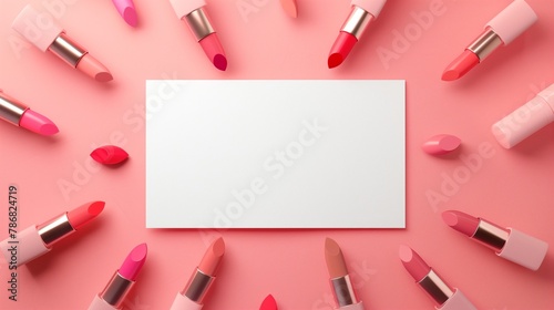 Blank white paper lipstick cosmetics surrounded border makeuop background