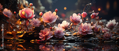 a many pink flowers that are growing out of the water photo