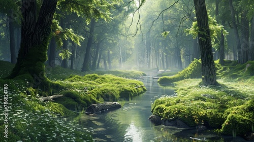 A stream is seen weaving its way through a dense and vibrant green forest. The water glistens under the sunlight as it moves gently over rocks and fallen branches  surrounded by a variety of lush vege