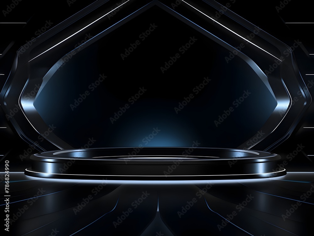 Futuristic Dark Podium and Corridor with Reflective Lighting and Abstract Background