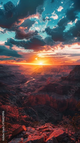 The sun dips below the horizon, casting a warm glow over the canyon in the arid desert landscape. The sky is painted in shades of orange and pink, creating a mesmerizing scene as shadows lengthen over © vadosloginov