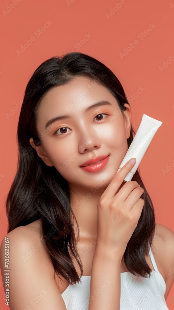 Beauty young Asian female and face wash tube bottle skincare treatment Beauty young Asian female and face wash tube bottle skincare treatment